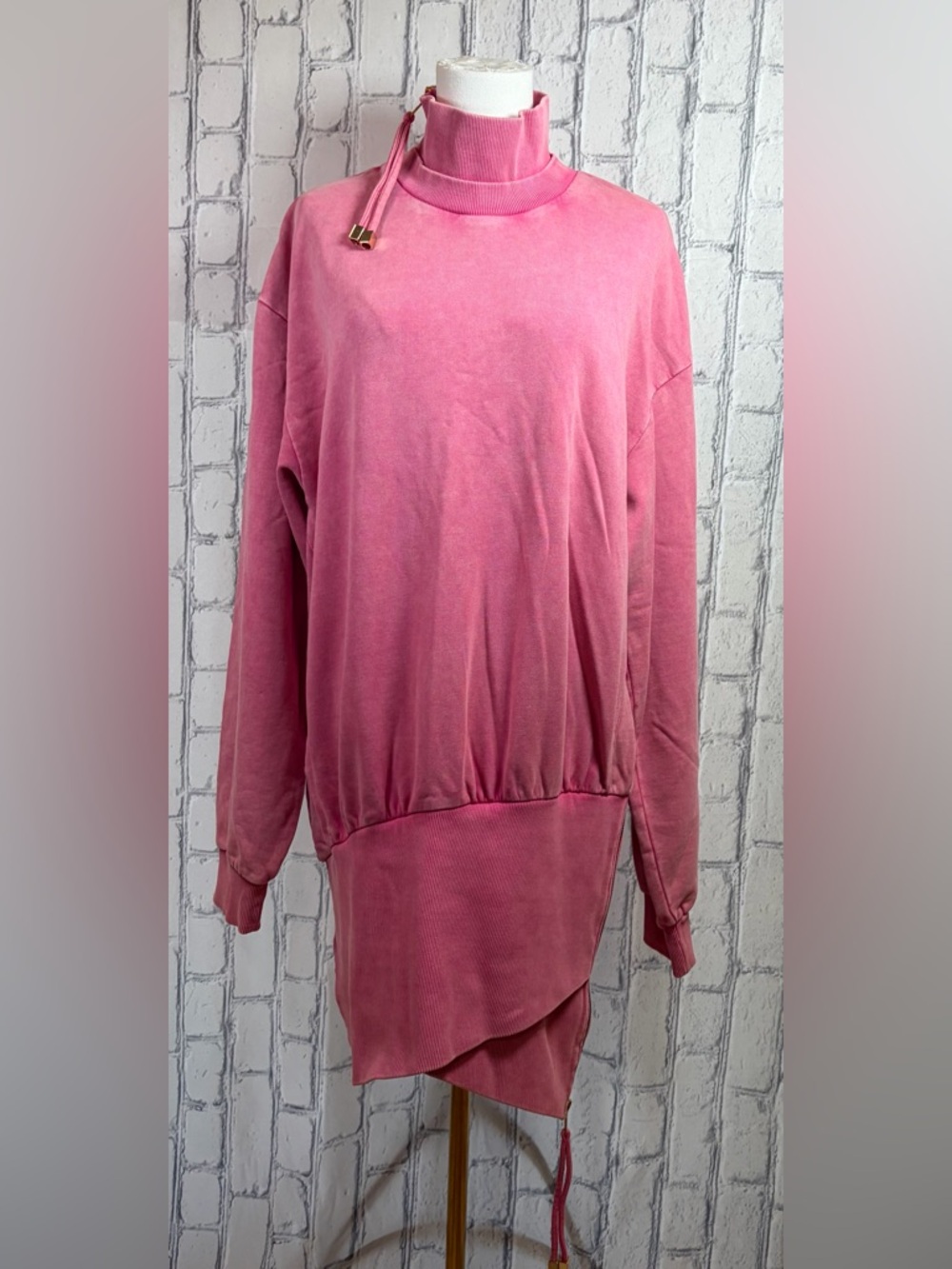 Retrofete :L Women's Pink Long Sleeve Oversized Sweater Mini Dress Mock Neck